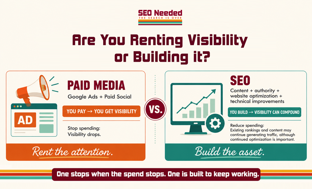 SEO services compared with Google Ads and paid social, showing how paid media rents visibility while SEO builds long-term organic visibility.