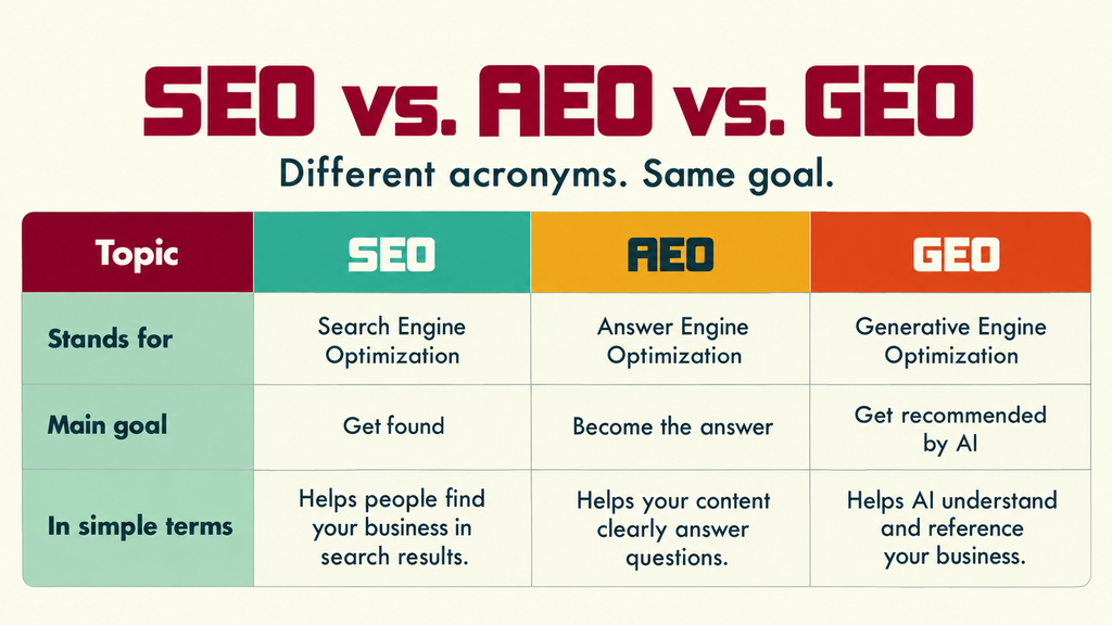 Comparison table explaining SEO, AEO, and GEO: SEO helps businesses get found in search results, AEO helps content become the answer to user questions, and GEO helps AI platforms understand and recommend a business.