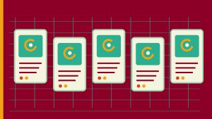 A row of retro high-tech verification screens representing five buyer trust checkpoints for a premium service website.