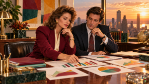 Male and female executives analyzing performance charts in an office, illustrating Q4 SEO planning for Q1 2027 business growth.